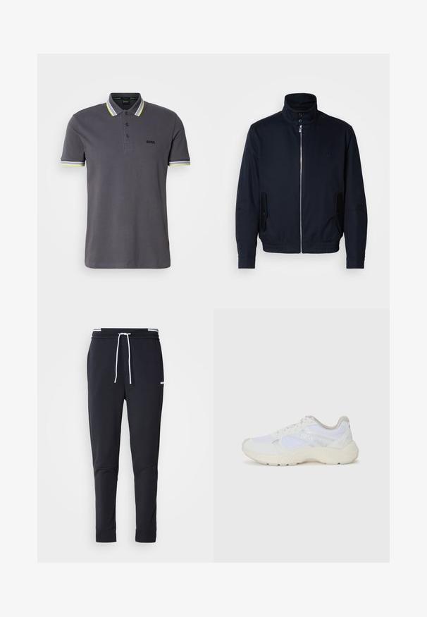 Marineblå jakke med høy krage, glidelås foran, sidelommer og ribbestrikkede mansjetter. Glatt tekstur med en subtil logo detaljer på brystet.; Grå polo skjorte laget av bomull med en tre-knaps placket, med kontrasterende gule og hvite striper på kragen og ermene.; Sorte slim-fit joggebukser med hvit snor, elastisk midjebånd med hvite striper, og en liten hvit logo på overlåret.; Hvit idrettssko laget av mesh og skinn, med en teksturert mellomsåle, teksturerte detaljer og "HUGO"-logo på siden.