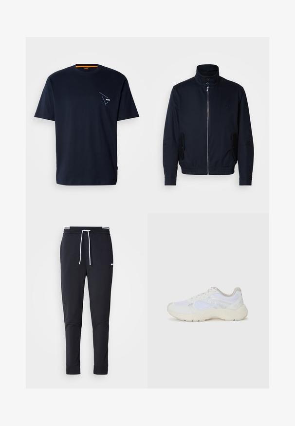 Námořnická modrá bunda s vysokým límcem, předním zipem, bočními kapsami a vroubkovanými manžetami. Hladká textura s jemným logem na hrudi.; Námořnická modrá bavlněná tričko s krátkými rukávy, kulatým výstřihem a bílým logem na levé části hrudi. Hladká textura. Normální střih.; Černé slim-fit jogger kalhoty s bílým stahovacím proužkem, elastickým pasem s bílými pruhy a malým bílým logem na horní části stehna.; Bílé sportovní boty vyrobené z síťoviny a semiše, s texturovanou mezipodešví, texturovanými akcenty a logem "HUGO" na boku.