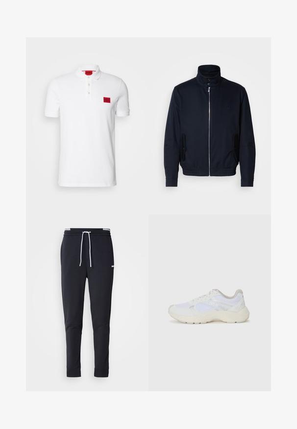 Marineblaue Jacke mit hohem Kragen, Vorderreißverschluss, seitlichen Taschen und gerippten Bündchen. Glatte Textur mit einem dezenten Logodetail auf der Brust.; Weißes Poloshirt aus Baumwolle mit einer Knopfleiste mit drei Knöpfen, kurzen Ärmeln und einem roten rechteckigen Logo-Patch auf der linken Brust.; Schwarze Slim-Fit-Jogginghose mit weißem Kordelzug, elastischem Bund mit weißen Streifen und kleinem weißen Logo am oberen Oberschenkel.; Weiße Sportschuhe aus Mesh und Wildleder, mit einer strukturierten Zwischensohle, strukturierten Akzenten und dem "HUGO"-Logo an der Seite.