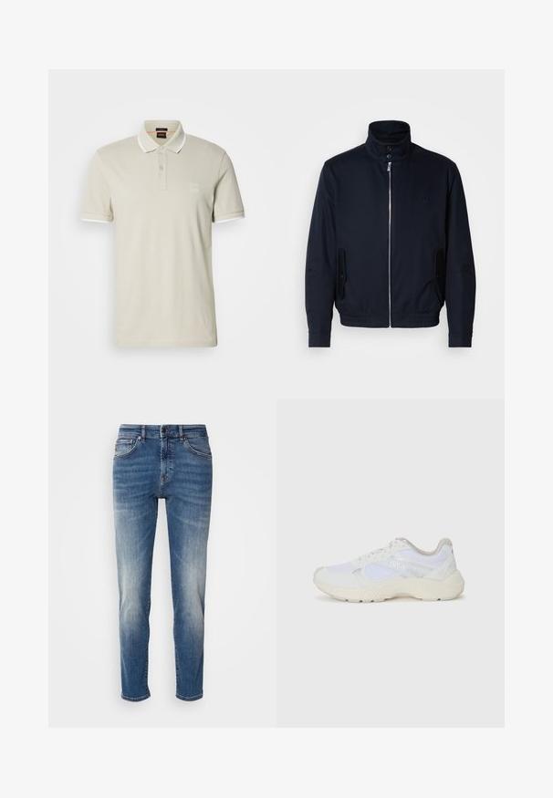 Giacca blu navy con colletto alto, zip frontale, tasche laterali e polsini a coste. Texture liscia con un sottile dettaglio del logo sul petto.; Polo in cotone beige chiaro con colletto e dettagli delle maniche bianchi, dotato di una chiusura a due bottoni e un marchio ricamato sul petto.; Jeans in denim blu con design a gamba dritta, leggera scoloritura, stile classico a cinque tasche e chiusura con zip e bottone.; Scarpe da ginnastica bianche in mesh e suede, con una suola intermedia testurizzata, dettagli testurizzati e il logo "HUGO" sul lato.