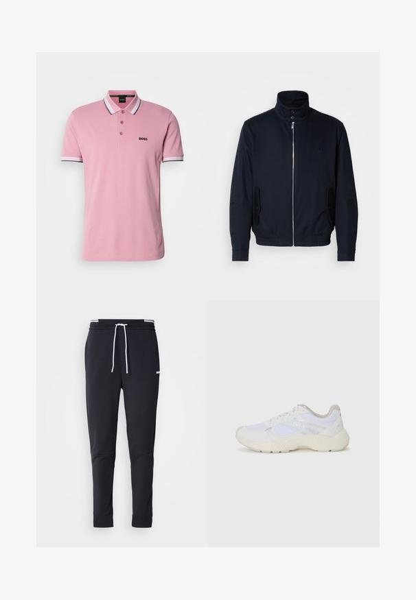 Marinblå jacka med hög krage, frontdragkedja, sidofickor och ribbade ärmar. Slät textur med en diskret logodetalj på bröstet.; Rosa polo skjorta i bomull, med en treknapps placket, svart "BOSS" logotyp och randiga vita och svarta detaljer på ärmvadderna.; Svarta slim-fit joggerbyxor med vit dragsko, elastisk midja med vita ränder och en liten vit logotyp på övre låret.; Vitaidrottsskor i mesh och mocka med en strukturerad mellansula, texturerade accenter och "HUGO"-logotypen på sidan.