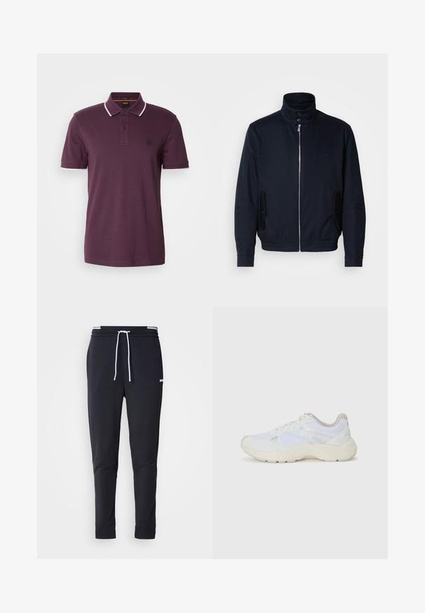 Tumesinine jope, millel on kõrge krae, ees tõmblukk, küljetaskud ja soonikkoes varrukad. Sile tekstuur koos õrnalt logo detailiga rinna piirkonnas.; Tume lilla polo särk, millel on kahe nupuga kaelus, valged detailid kaeluses ja varrukates ning väike logotäpp rinnal.; Mustad must-fit spordipüksid valge paelaga, elastse vöökohtaga valgete triipudega ja väikese valge logoga ülemisel reiel.; Valged sportlikud jalanõud, mis on valmistatud võrkkangast ja seemisnahast, sisaldavad tekstureeritud vahetald, tekstureeritud aktsentide ning küljes oleva "HUGO" logo.