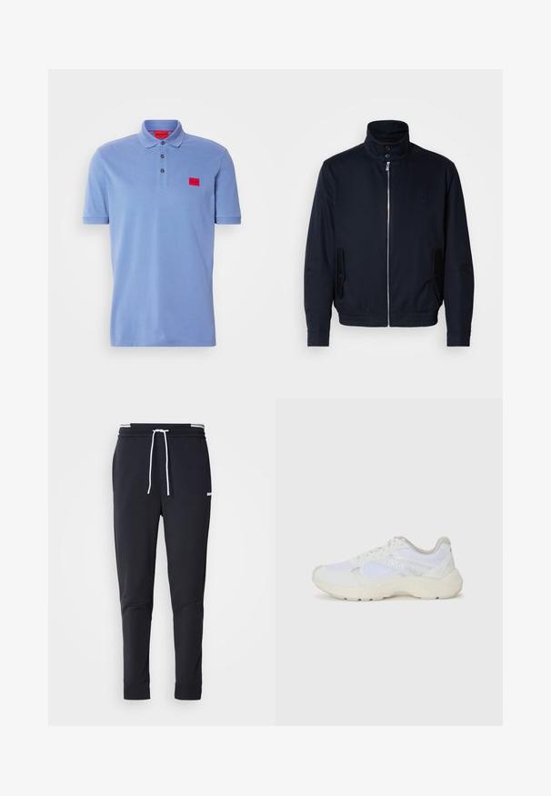 Tengerészkék dzseki magas gallérral, elülső cipzárral, oldalsó zsebekkel és bordázott mandzsettákkal. Sima felület, amelyen diszkrét logórészlet található a mellrészen.; Világoskék pamut póló, három gombos nyakkal, bordázott gallérral és ellentétes piros logóval a mellkason.; Fekete, slim-fit rakott nadrág fehér zsinórral, elasztikus derékpánttal, fehér csíkokkal, és kisebb fehér logóval a comb felső részén.; Fehér sportcipők, amelyek hálós és velúr anyagból készültek, texturált középtalppal, texturált részletekkel és a "HUGO" logóval az oldalon.