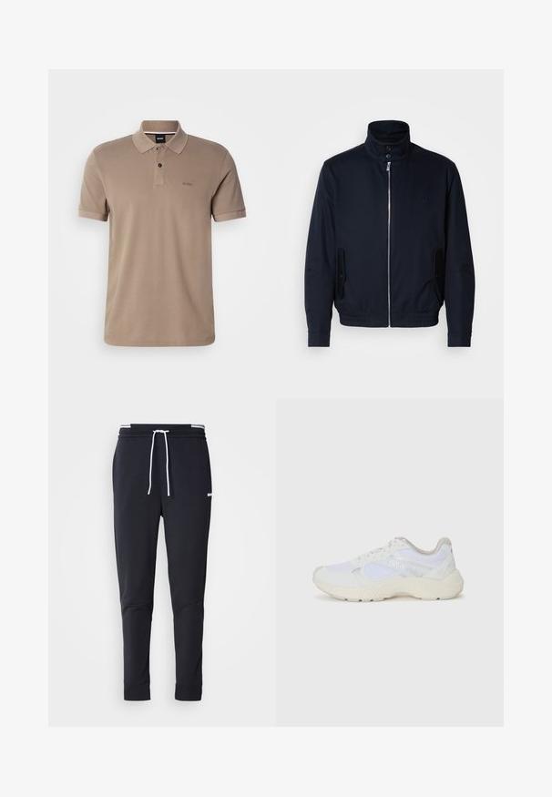 Námořnická modrá bunda s vysokým límcem, předním zipem, bočními kapsami a žebrovanými manžetami. Hladká textura s jemným logem na hrudi.; Béžová polokošeľa s krátkym rukávom, golierom, dvoma gombíkmi a vyšívaným logom "BOSS" na ľavej strane hrude.; Čierne slim-fit jogger nohavice s bielym šnurovaním, elastickým pásom s bielymi pruhmi a malým bielym logom na hornej stehne.; Biele atletické topánky vyrobené z materiálov sieťoviny a semišu, s textúrovanou strednou podošvou, textúrovanými akcentmi a logom "HUGO" na boku.