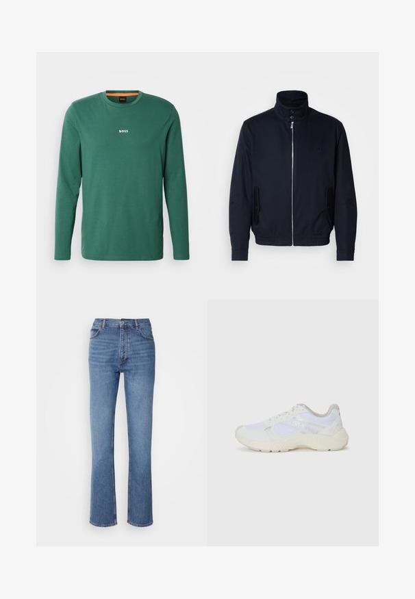 Marineblå jakke med høj krave, frontlynlås, sidelommer og ribstrikkede manchetter. Glat tekstur med en diskret logo detaljer på brystet.; Langærmet grøn T-shirt lavet af bomuld med rund hals, der har et hvidt "BOSS" logo på brystet og orange detaljer indvendigt i halsen.; Blå denimjeans med høj talje, lige ben-design og subtilt slid. Har klassisk fem-lommers stil og lynlås lukning.; Hvide sportssko lavet af mesh og ruskind, med en struktureret mellemsål, strukturerede detaljer og "HUGO"-logoet på siden.