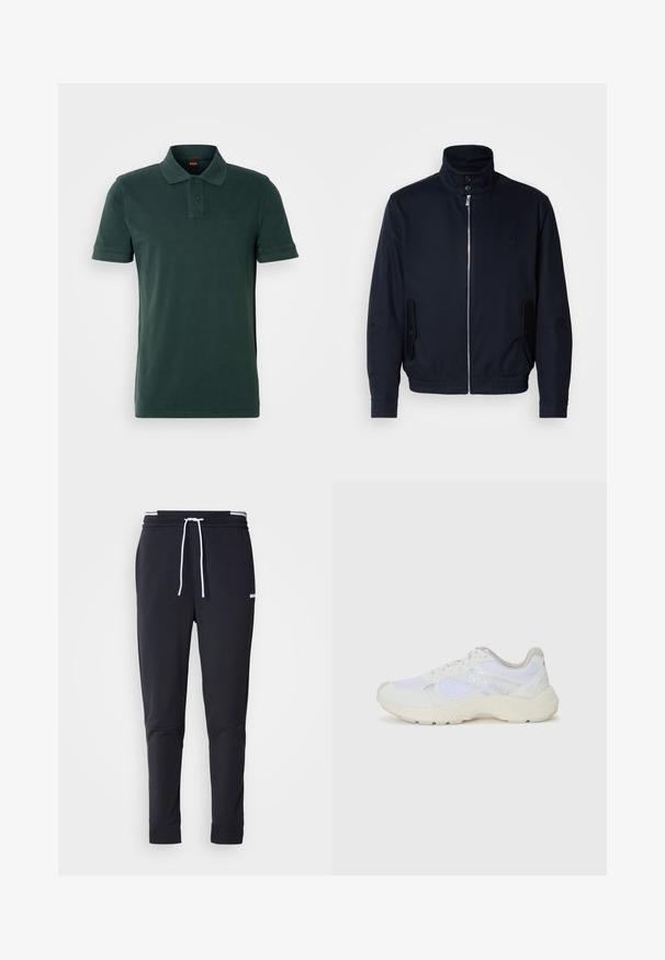 Laivansinis takki, jossa on korkea kaulus, edessä vetoketju, sivutaskut ja ribattu hihansuu. Sileä pinta, jossa on hienovarainen logo-ominaisuus rinnassa.; Tummanvihreä poolopaita, joka on valmistettu puuvillasta. Paidassa on kahden napin kaulus, lyhyet hihat ja hillitty logo vasemmassa rinnassa.; Mustat slim-fit collegehousut, joissa on valkoinen naru, joustava vyötärö valkoisilla raidoilla ja pieni valkoinen logo reiden yläosassa.; Valkoiset urheilukengät, jotka on valmistettu verkkokankaasta ja mokasta, sisältävät tekstuurillisen välipohjan, teksturoituja yksityiskohtia ja "HUGO"-logon sivussa.