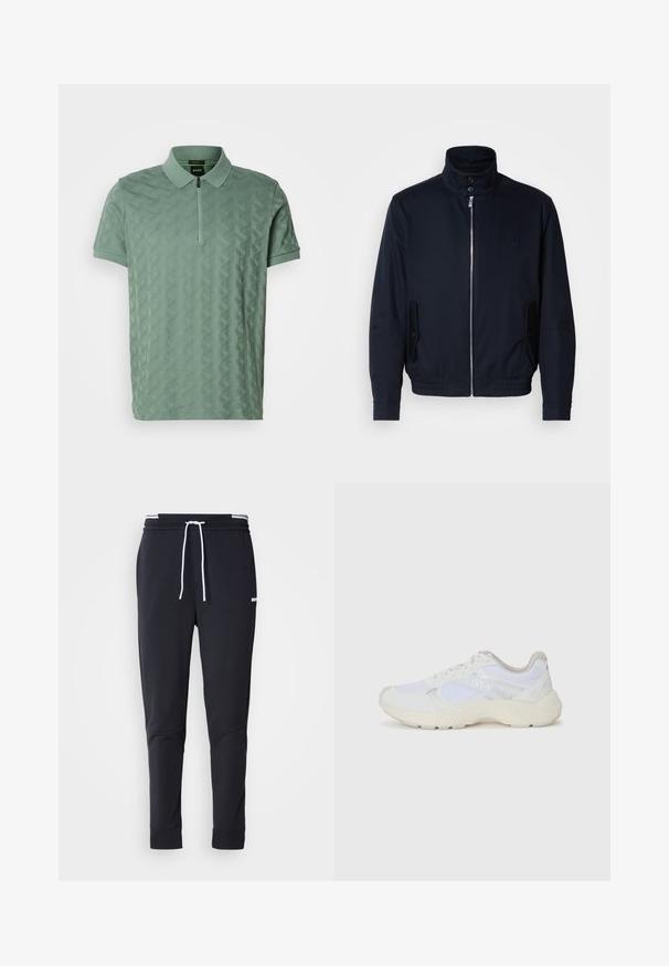 Jūras zils žakets ar augstu apkakli, priekšējo rāvējslēdzi, sānu kabatām un ribotajiem piedurknēm. Gluda tekstūra ar nelielu logotipa detaļu uz krūšu.; Īsām piedurknēm zaļa polo krekls ar teksturētu ģeometrisku rakstu, rāvējslēdzēja apkakli un smalku izšūtu logo uz krūšu.; Melnas pieguļošas jogger bikses ar baltu auklu, elastīgu jostasvietu ar baltām svītrām un mazu baltu logotipu augšstilbā.; Baltas sporta apavi, kas izgatavoti no sieta un zamšāda, ar teksturētu starpzoli, teksturētām akcentēm un "HUGO" logo sānos.