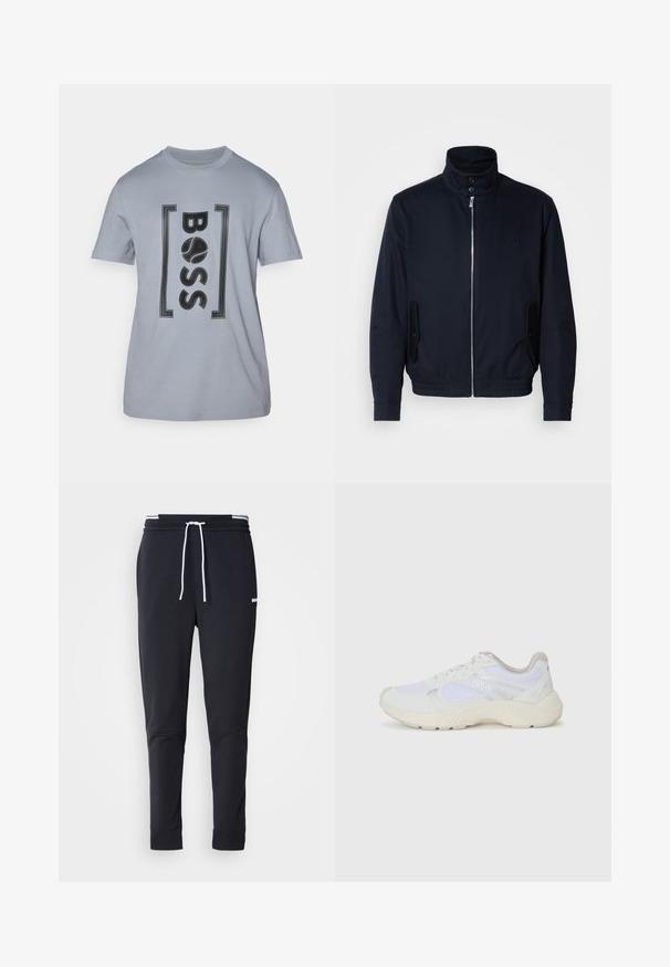 Tumesinine jope, millel on kõrge krae, ees tõmblukk, küljetaskud ja soonikkoes varrukad. Sile tekstuur koos õrnalt logo detailiga rinna piirkonnas.; Hägeda hall puuvillane T-särk, millel on must logo "BOSS", mis on ümbritsetud nelinurgas. Lühikesed varrukad ja klassikaline ümardatud krae.; Mustad must-fit spordipüksid valge paelaga, elastse vöökohtaga valgete triipudega ja väikese valge logoga ülemisel reiel.; Valged sportlikud jalanõud, mis on valmistatud võrkkangast ja seemisnahast, sisaldavad tekstureeritud vahetald, tekstureeritud aktsentide ning küljes oleva "HUGO" logo.