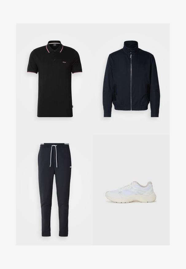 Tengerészkék dzseki magas gallérral, elülső cipzárral, oldalsó zsebekkel és bordázott mandzsettákkal. Sima felület, amelyen diszkrét logórészlet található a mellrészen.; Fekete pamut póló, három gombos állvánnyal, rózsaszín gallérral és ujjpántokkal, valamint egy kis lila logóval a mellkason.; Fekete, slim-fit rakott nadrág fehér zsinórral, elasztikus derékpánttal, fehér csíkokkal, és kisebb fehér logóval a comb felső részén.; Fehér sportcipők, amelyek hálós és velúr anyagból készültek, texturált középtalppal, texturált részletekkel és a "HUGO" logóval az oldalon.