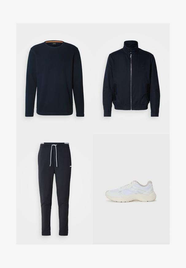 Námořnická modrá bunda s vysokým límcem, předním zipem, bočními kapsami a vroubkovanými manžetami. Hladká textura s jemným logem na hrudi.; Námořnické tričko s dlouhým rukávem z bavlněné směsi, s kulatým výstřihem, žebrovanou strukturou a decentním logem na hrudi.; Černé slim-fit jogger kalhoty s bílým stahovacím proužkem, elastickým pasem s bílými pruhy a malým bílým logem na horní části stehna.; Bílé sportovní boty vyrobené z síťoviny a semiše, s texturovanou mezipodešví, texturovanými akcenty a logem "HUGO" na boku.