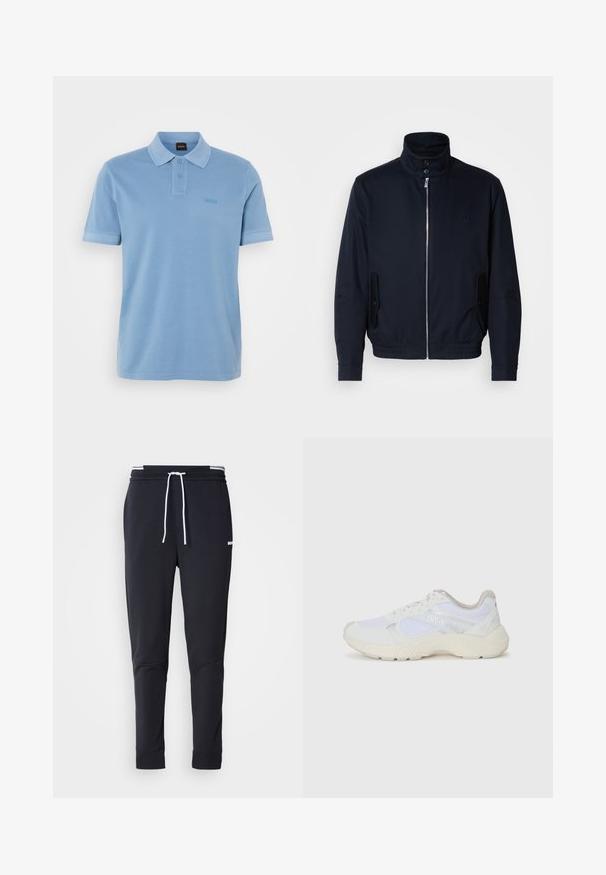 Casaco azul marinho com colarinho alto, fecho éclair frontal, bolsos laterais e punhos canelados. Textura suave com um detalhe logo discreto no peito.; Polo leve azul feito de algodão, com uma pala de dois botões, mangas curtas e um logótipo discreto bordado no peito.; Calças de jogger ajustadas pretas com cordão branco, cintura elástica com riscas brancas e pequeno logo branco na parte superior da coxa.; Ténis brancos desportivos feitos de malha e camurça, com uma entressola texturizada, elementos texturizados e o logótipo "HUGO" na lateral.