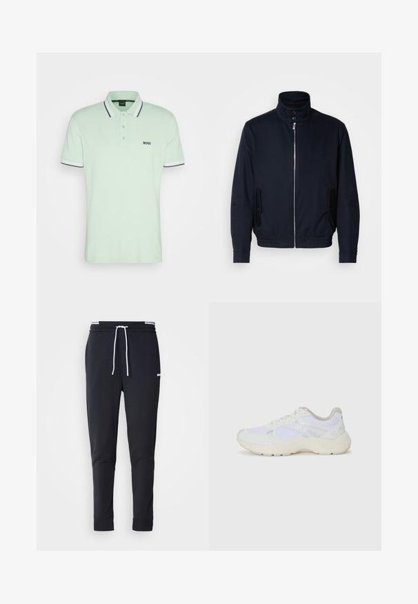 Marineblå jakke med høy krage, glidelås foran, sidelommer og ribbestrikkede mansjetter. Glatt tekstur med en subtil logo detaljer på brystet.; BOSS PADDY - Poloskjorter - open green; Sorte slim-fit joggebukser med hvit snor, elastisk midjebånd med hvite striper, og en liten hvit logo på overlåret.; Hvit idrettssko laget av mesh og skinn, med en teksturert mellomsåle, teksturerte detaljer og "HUGO"-logo på siden.