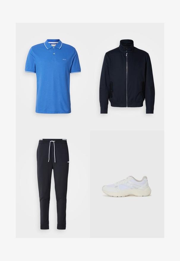 Námořnická modrá bunda s vysokým límcem, předním zipem, bočními kapsami a vroubkovanými manžetami. Hladká textura s jemným logem na hrudi.; Modrá polo košile z bavlny s klasickým límečkem. Má bílé lemování na rukávech, logo na hrudi a knoflíkovou légu.; Černé slim-fit jogger kalhoty s bílým stahovacím proužkem, elastickým pasem s bílými pruhy a malým bílým logem na horní části stehna.; Bílé sportovní boty vyrobené z síťoviny a semiše, s texturovanou mezipodešví, texturovanými akcenty a logem "HUGO" na boku.