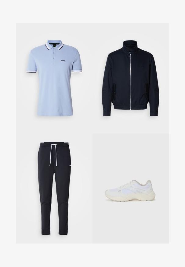 Marineblå jakke med høy krage, glidelås foran, sidelommer og ribbestrikkede mansjetter. Glatt tekstur med en subtil logo detaljer på brystet.; BOSS PADDY - Poloskjorter - open blue; Sorte slim-fit joggebukser med hvit snor, elastisk midjebånd med hvite striper, og en liten hvit logo på overlåret.; Hvit idrettssko laget av mesh og skinn, med en teksturert mellomsåle, teksturerte detaljer og "HUGO"-logo på siden.