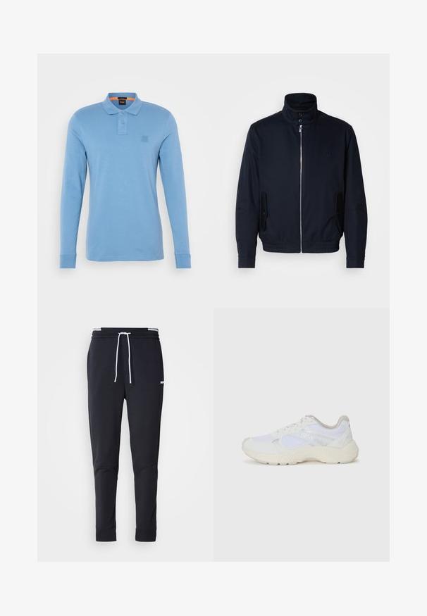 Marineblaue Jacke mit hohem Kragen, Vorderreißverschluss, seitlichen Taschen und gerippten Bündchen. Glatte Textur mit einem dezenten Logodetail auf der Brust.; Langärmliges Polohemd in Hellblau, aus weichem Material, mit Kragen, Drei-Knopf-Leiste und einem kleinen Logo auf der Brust.; Schwarze Slim-Fit-Jogginghose mit weißem Kordelzug, elastischem Bund mit weißen Streifen und kleinem weißen Logo am oberen Oberschenkel.; Weiße Sportschuhe aus Mesh und Wildleder, mit einer strukturierten Zwischensohle, strukturierten Akzenten und dem "HUGO"-Logo an der Seite.