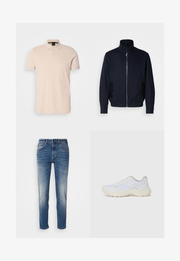 Casaco azul marinho com colarinho alto, fecho éclair frontal, bolsos laterais e punhos canelados. Textura suave com um detalhe logo discreto no peito.; Polo de cor bege claro feito de algodão. Apresenta uma pala com três botões e mangas curtas, com o logótipo da marca bordado no peito.; Jeans de ganga azul com um design de perna reta, desbotamento ligeiro, estilo clássico de cinco bolsos e fecho de zip com botão.; Ténis brancos desportivos feitos de malha e camurça, com uma entressola texturizada, elementos texturizados e o logótipo "HUGO" na lateral.