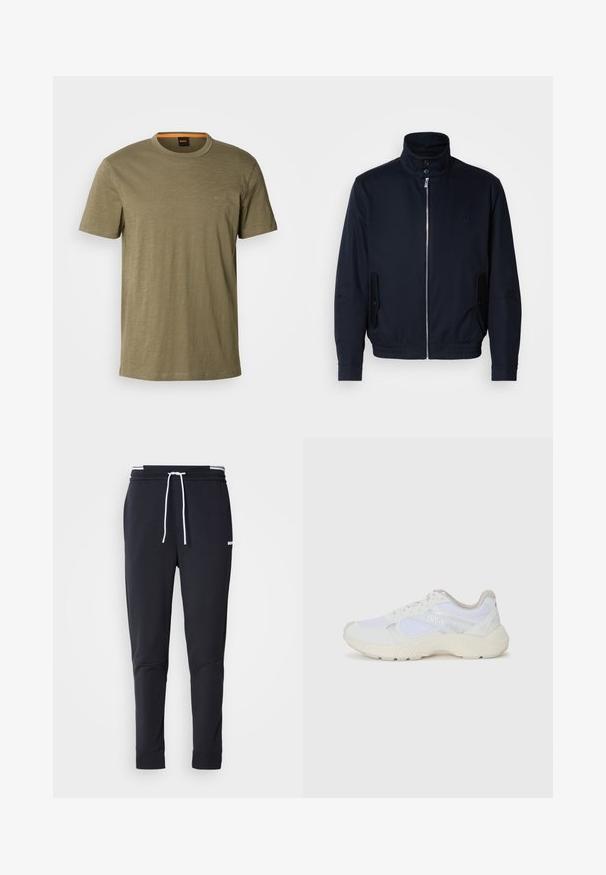 Casaco azul marinho com colarinho alto, fecho éclair frontal, bolsos laterais e punhos canelados. Textura suave com um detalhe logo discreto no peito.; T-shirt de manga curta verde-azeitona feito de tecido suave. Apresenta um decote redondo e um pequeno logótipo "BOSS" em tom sobre tom no peito.; Calças de jogger ajustadas pretas com cordão branco, cintura elástica com riscas brancas e pequeno logo branco na parte superior da coxa.; Ténis brancos desportivos feitos de malha e camurça, com uma entressola texturizada, elementos texturizados e o logótipo "HUGO" na lateral.