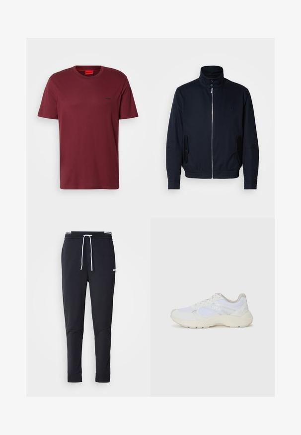 Navy blue jacket with a high collar, front zipper, side pockets, and ribbed cuffs. Smooth texture with a subtle logo detail on the chest.; Plain short-sleeve crew neck T-shirt in dark red with small black "HUGO" logo on the left chest.; Black slim-fit jogger pants with white drawstring, elastic waistband with white stripes, and small white logo on the upper thigh.; White athletic shoes made of mesh and suede, featuring a textured midsole, textured accents, and "HUGO" logo on the side.