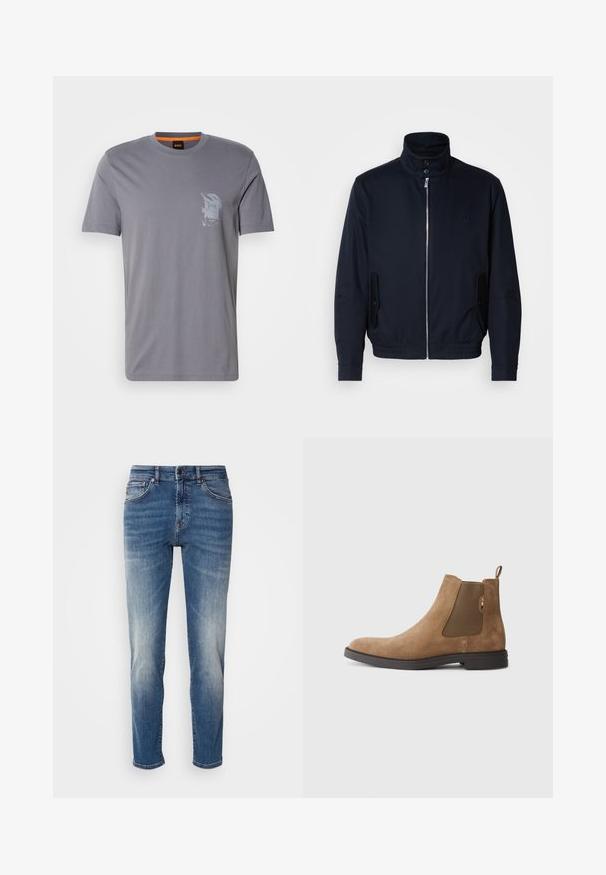 Námořnická modrá bunda s vysokým límcem, předním zipem, bočními kapsami a žebrovanými manžetami. Hladká textura s jemným logem na hrudi.; Šedé bavlnené tričko s okrúhlym výstrihom, krátkymi rukávmi a grafickou potlačou na ľavej hrudi. Štítok vo vnútri má oranžové akcenty.; Modré denimové džínsy s rovnými nohavicami, svetlým vyblednutím, klasickým päťvreckovým dizajnom a zipsom s gombíkovým zapínaním.; Hnedé semišové Chelsea topánky s elastickými bočnými panelmi a pútkom. Majú zaoblenú špicu a plochú gumovú podrážku pre stabilitu.