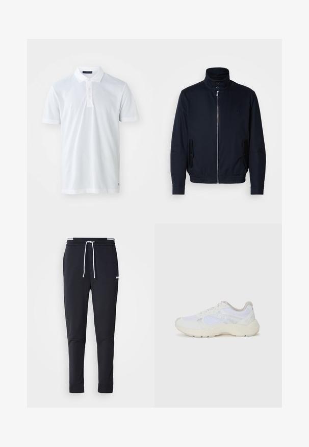 Námořnická modrá bunda s vysokým límcem, předním zipem, bočními kapsami a žebrovanými manžetami. Hladká textura s jemným logem na hrudi.; Biela polo košeľa s jemnou textúrou, s trojradovým gombíkovým zapínaním, plochým golierom a krátkymi rukávmi. Obsahuje diskrétny steh na leme.; Čierne slim-fit jogger nohavice s bielym šnurovaním, elastickým pásom s bielymi pruhmi a malým bielym logom na hornej stehne.; Biele atletické topánky vyrobené z materiálov sieťoviny a semišu, s textúrovanou strednou podošvou, textúrovanými akcentmi a logom "HUGO" na boku.