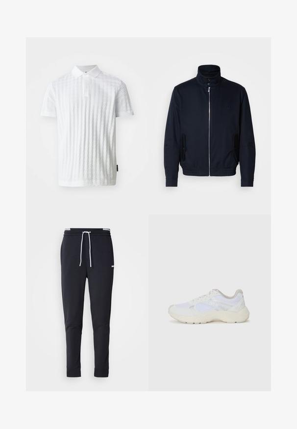 Ναυτικό μπλε μπουφάν με ψηλό γιακά, μπροστινό φερμουάρ, πλαϊνές τσέπες και ριμπ μανσέτες. Λείο ύφασμα με διακριτική λεπτομέρεια λογότυπου στο στήθος.; Λευκό πόλο μπλουζάκι με υφή διαμαντιού, κοντό μανίκι και κλασικό γιακά. Διαθέτει τριπλό κουμπί στο μπροστινό μέρος.; Μαύρο παντελόνι jogger slim-fit με λευκή κορδόνι, ελαστική μέση με λευκές ρίγες και μικρό λευκό λογότυπο στο πάνω μέρος του μηρού.; Λευκά αθλητικά παπούτσια από πλέγμα και σουέτ, με υφή στη σόλα, υφές σε διάφορα σημεία και λογότυπο "HUGO" στο πλάι.