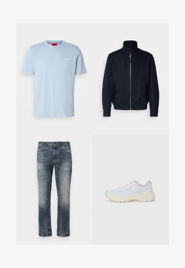 Tamsiai mėlyna striukė su aukšta apykakle, priekine užtrauktuku, šoninėmis kišenėmis ir gipiūriniais rankogaliais. Lygus paviršius su subtiliu logotipu ant krūtinės.; Šviesiai mėlynas medvilninis marškinėlis su apykakle ir trumpomis rankovėmis. Krūtinėje yra baltas logotipas "HUGO" ir raudonas vidaus etiketė.; Mėlynos džinsinės kelnės su tiesiu kirpimu. Šviesiai išblukusios vietos, klasikinis penkių kišenių dizainas ir vienas metalinis užsegimas juosmenyje.; Balti sportiniai bateliai, pagaminti iš tinklinės medžiagos ir zomšos, su tekstūruotu viduriu, tekstūruotais akcentais ir „HUGO“ logotipu šone.
