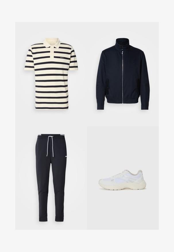 Tumesinine jope, millel on kõrge krae, ees tõmblukk, küljetaskud ja soonikkoes varrukad. Sile tekstuur koos õrnalt logo detailiga rinna piirkonnas.; Triibuline polo särk kreemi- ja mereväe sinises, valmistatud puuvillast. Omab kraed, kahte nupuvajutust ning tikitud logo rinnal.; Mustad must-fit spordipüksid valge paelaga, elastse vöökohtaga valgete triipudega ja väikese valge logoga ülemisel reiel.; Valged sportlikud jalanõud, mis on valmistatud võrkkangast ja seemisnahast, sisaldavad tekstureeritud vahetald, tekstureeritud aktsentide ning küljes oleva "HUGO" logo.