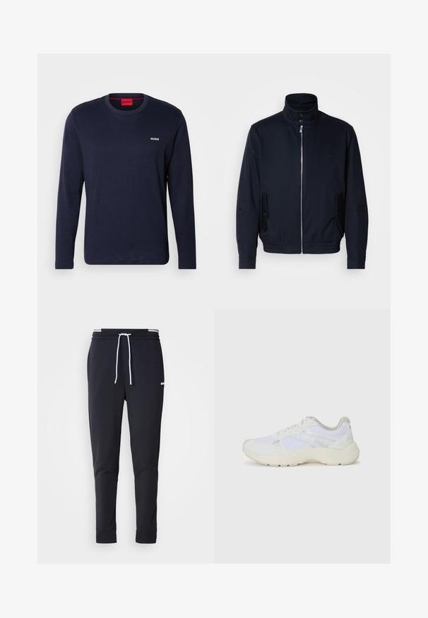 Tumesinine jope, millel on kõrge krae, ees tõmblukk, küljetaskud ja soonikkoes varrukad. Sile tekstuur koos õrnalt logo detailiga rinna piirkonnas.; Tumesinane pikkade varrukatega T-särk, mis on valmistatud puuvillast. Särgil on ümmargune kaelus, rinnaesises valge "HUGO" logo ning lihtne ja sile tekstuur.; Mustad must-fit spordipüksid valge paelaga, elastse vöökohtaga valgete triipudega ja väikese valge logoga ülemisel reiel.; Valged sportlikud jalanõud, mis on valmistatud võrkkangast ja seemisnahast, sisaldavad tekstureeritud vahetald, tekstureeritud aktsentide ning küljes oleva "HUGO" logo.