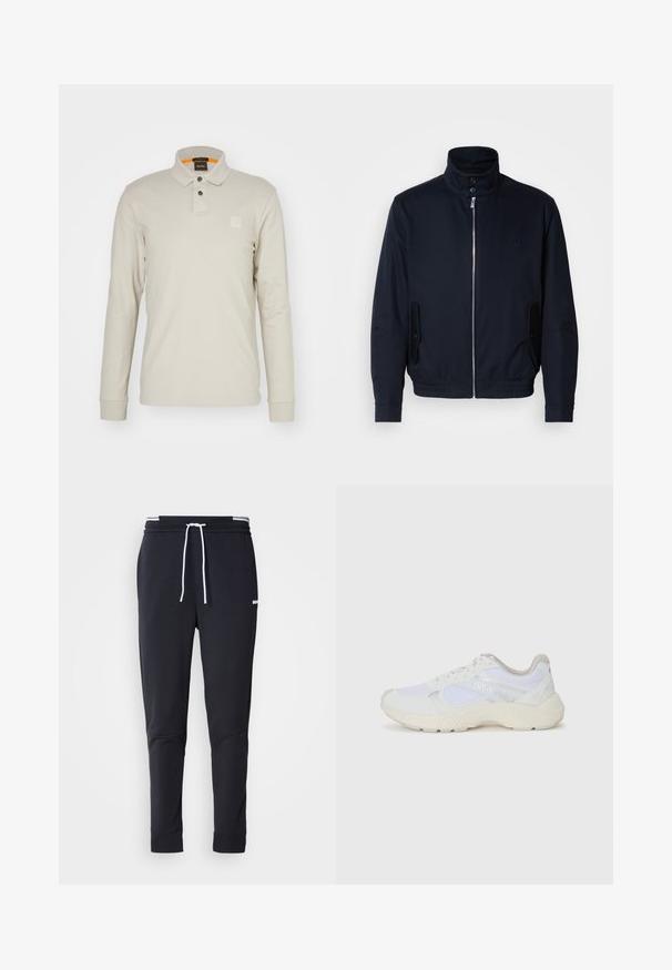 Casaco azul marinho com colarinho alto, fecho éclair frontal, bolsos laterais e punhos canelados. Textura suave com um detalhe logo discreto no peito.; Polo de manga longa em algodão bege claro. Apresenta um colarinho, dois botões e um pequeno logotipo em relevo no peito. Colarinho interior em laranja.; Calças de jogger ajustadas pretas com cordão branco, cintura elástica com riscas brancas e pequeno logo branco na parte superior da coxa.; Ténis brancos desportivos feitos de malha e camurça, com uma entressola texturizada, elementos texturizados e o logótipo "HUGO" na lateral.