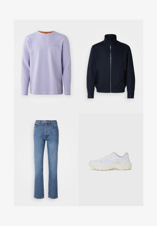 Marineblå jakke med høy krage, glidelås foran, sidelommer og ribbestrikkede mansjetter. Glatt tekstur med en subtil logo detaljer på brystet.; Langermet lilla ribbestrikket T-skjorte med rund hals, med en subtil merkevarelogo på brystet og kontrasterende oransje innvendig krage.; Blå denimjeans med høy midje, rett ben-design og subtil falming. Har klassisk fem-lomme stil og glidelås lukking.; Hvit idrettssko laget av mesh og skinn, med en teksturert mellomsåle, teksturerte detaljer og "HUGO"-logo på siden.