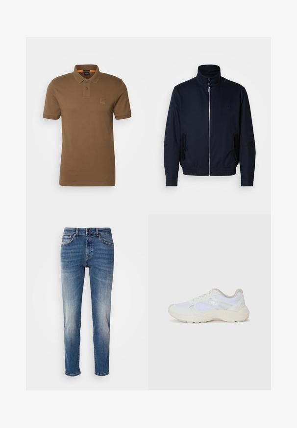 Casaco azul marinho com colarinho alto, fecho éclair frontal, bolsos laterais e punhos canelados. Textura suave com um detalhe logo discreto no peito.; BOSS PASSENGER - Polo - open brown; Jeans de ganga azul com um design de perna reta, desbotamento ligeiro, estilo clássico de cinco bolsos e fecho de zip com botão.; Ténis brancos desportivos feitos de malha e camurça, com uma entressola texturizada, elementos texturizados e o logótipo "HUGO" na lateral.