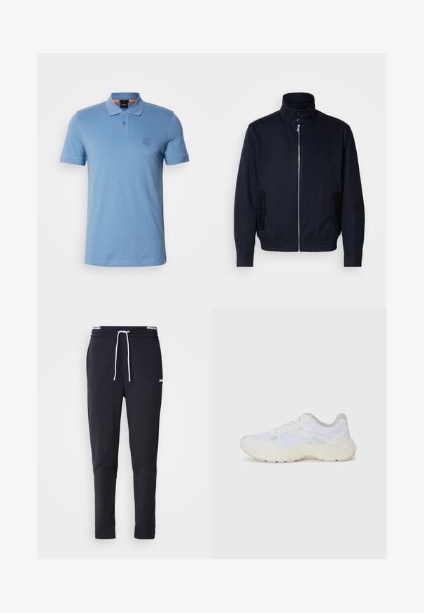 Casaco azul marinho com colarinho alto, fecho éclair frontal, bolsos laterais e punhos canelados. Textura suave com um detalhe logo discreto no peito.; Polo azul claro feito de algodão macio, com colarinho clássico, braguilha de botão dupla e patch de logo bordado no peito.; Calças de jogger ajustadas pretas com cordão branco, cintura elástica com riscas brancas e pequeno logo branco na parte superior da coxa.; Ténis brancos desportivos feitos de malha e camurça, com uma entressola texturizada, elementos texturizados e o logótipo "HUGO" na lateral.