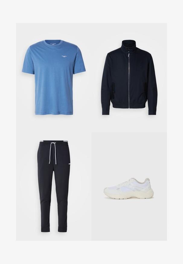 Marineblå jakke med høj krave, frontlynlås, sidelommer og ribstrikkede manchetter. Glat tekstur med en diskret logo detaljer på brystet.; Lyseblå kortærmet t-shirt lavet af blødt stof, med rund halsudskæring og et lille hvidt logo på den øverste venstre bryst.; Sorte slim-fit joggingbukser med hvid snor, elastisk talje med hvide striber og lille hvidt logo på den øverste lår.; Hvide sportssko lavet af mesh og ruskind, med en struktureret mellemsål, strukturerede detaljer og "HUGO"-logoet på siden.