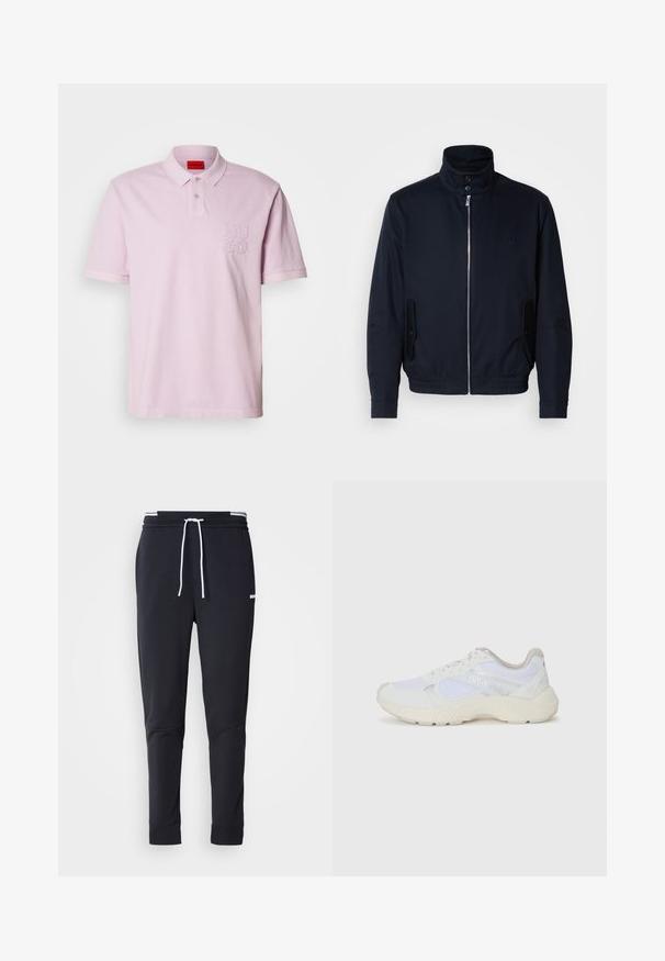 Marineblaue Jacke mit hohem Kragen, Vorderreißverschluss, seitlichen Taschen und gerippten Bündchen. Glatte Textur mit einem dezenten Logodetail auf der Brust.; Hellrosa Polohemd mit Kragen, kurzen Ärmeln und gesticktem "HUGO"-Logo auf der linken Brust. Hergestellt aus weichem Stoff mit glatter Textur.; Schwarze Slim-Fit-Jogginghose mit weißem Kordelzug, elastischem Bund mit weißen Streifen und kleinem weißen Logo am oberen Oberschenkel.; Weiße Sportschuhe aus Mesh und Wildleder, mit einer strukturierten Zwischensohle, strukturierten Akzenten und dem "HUGO"-Logo an der Seite.