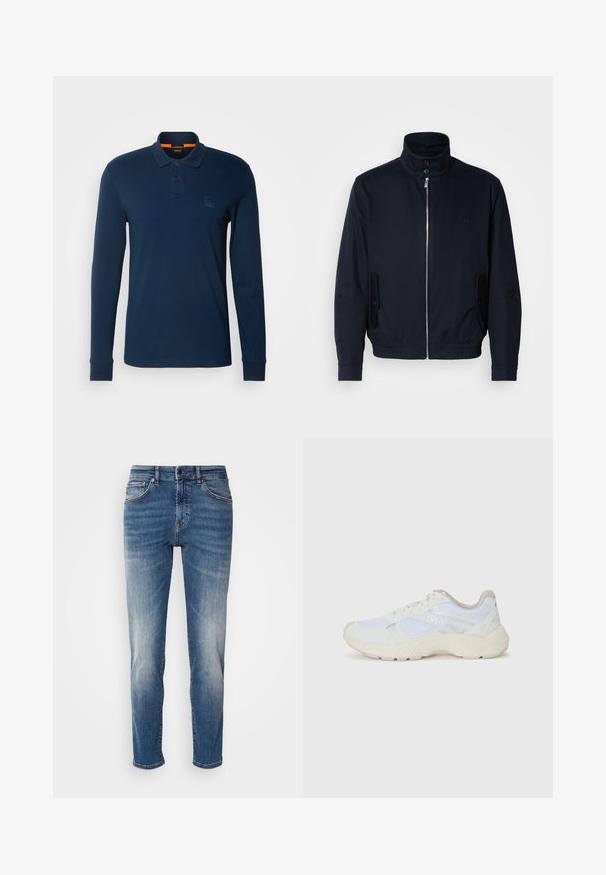 Navy blue jacket with a high collar, front zipper, side pockets, and ribbed cuffs. Smooth texture with a subtle logo detail on the chest.; BOSS PASSERBY - Polo shirt - open blue; Blue denim jeans featuring a straight leg design, light fading, classic five-pocket styling, and a zip fly with button closure.; White athletic shoes made of mesh and suede, featuring a textured midsole, textured accents, and "HUGO" logo on the side.