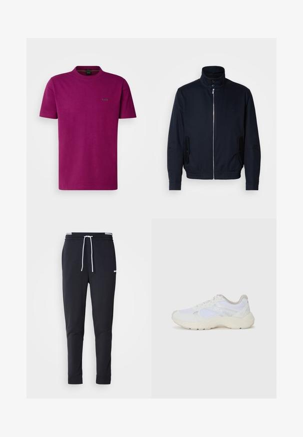 Námořnická modrá bunda s vysokým límcem, předním zipem, bočními kapsami a vroubkovanými manžetami. Hladká textura s jemným logem na hrudi.; Magenta krátký rukáv tričko vyrobené z bavlny, s kulatým výstřihem a malým černým logem "BOSS" na hrudi. Hladká textura a klasický střih.; Černé slim-fit jogger kalhoty s bílým stahovacím proužkem, elastickým pasem s bílými pruhy a malým bílým logem na horní části stehna.; Bílé sportovní boty vyrobené z síťoviny a semiše, s texturovanou mezipodešví, texturovanými akcenty a logem "HUGO" na boku.