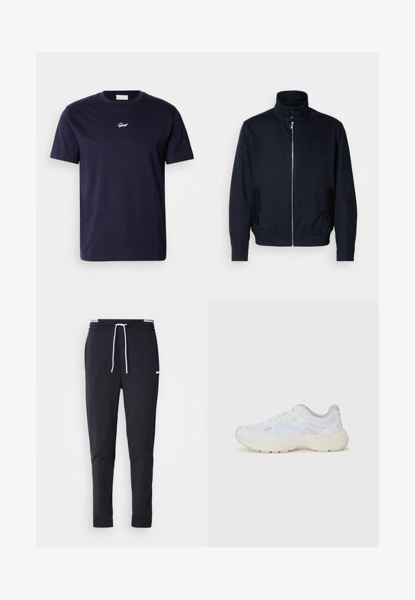 Tumesinine jope, millel on kõrge krae, ees tõmblukk, küljetaskud ja soonikkoes varrukad. Sile tekstuur koos õrnalt logo detailiga rinna piirkonnas.; Tumed sinine puuvillane T-särk lühikeste varrukatega ja ümmarguse kaelaauguga. Rinnal on väike valge tikandiga logo.; Mustad must-fit spordipüksid valge paelaga, elastse vöökohtaga valgete triipudega ja väikese valge logoga ülemisel reiel.; Valged sportlikud jalanõud, mis on valmistatud võrkkangast ja seemisnahast, sisaldavad tekstureeritud vahetald, tekstureeritud aktsentide ning küljes oleva "HUGO" logo.