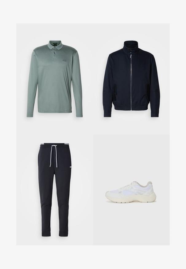 Navy blue jacket with a high collar, front zipper, side pockets, and ribbed cuffs. Smooth texture with a subtle logo detail on the chest.; Long-sleeve polo shirt in a muted green fabric. Features a collar, three-button placket, and an embroidered logo on the chest.; Black slim-fit jogger pants with white drawstring, elastic waistband with white stripes, and small white logo on the upper thigh.; White athletic shoes made of mesh and suede, featuring a textured midsole, textured accents, and "HUGO" logo on the side.