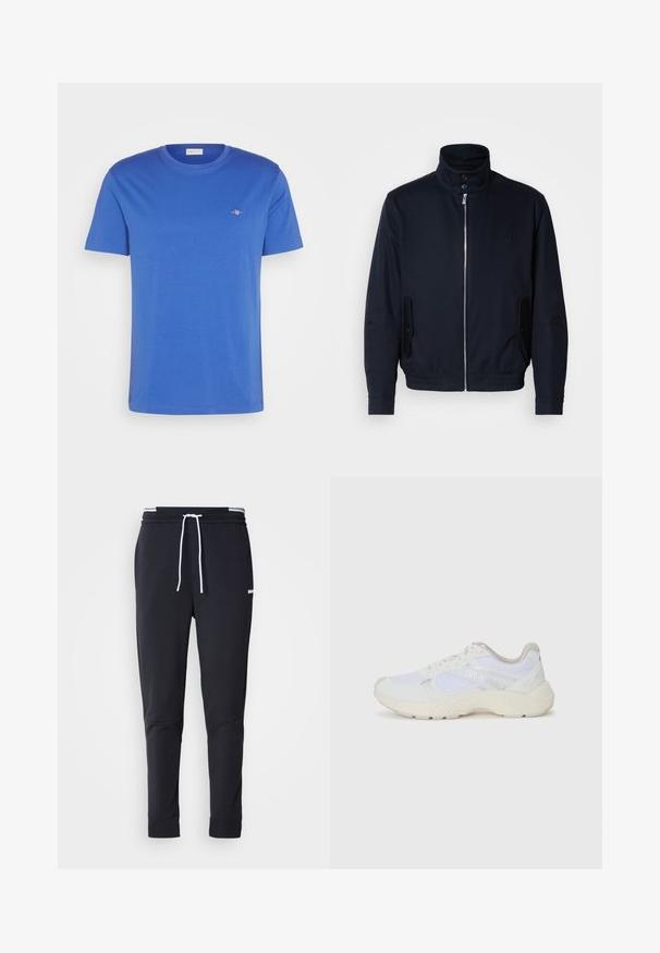 Marineblauwe jas met hoge kraag, voorsluiting met rits, zijzakken en ribgebreide manchetten. Gladde textuur met een subtiele logo-detail op de borst.; Blauwe t-shirt met korte mouwen van katoen. Heeft een ronde halslijn en een klein geborduurd logo op de borst. Soepele textuur.; Zwarte slim-fit joggerbroek met witte trekkoord, elastische tailleband met witte strepen en klein wit logo op het bovenbeen.; Witte sportief schoenen van mesh en suede, met een gestructureerde tussenzool, gestructureerde accenten en het "HUGO" logo aan de zijkant.