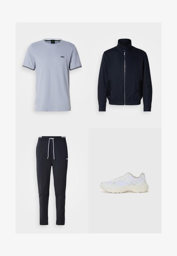 Casaco azul marinho com colarinho alto, fecho éclair frontal, bolsos laterais e punhos canelados. Textura suave com um detalhe logo discreto no peito.; T-shirt de algodão azul claro com decote redondo, mangas curtas e detalhes em preto e branco nas bainhas, apresentando um pequeno logótipo bordado.; Calças de jogger ajustadas pretas com cordão branco, cintura elástica com riscas brancas e pequeno logo branco na parte superior da coxa.; Ténis brancos desportivos feitos de malha e camurça, com uma entressola texturizada, elementos texturizados e o logótipo "HUGO" na lateral.