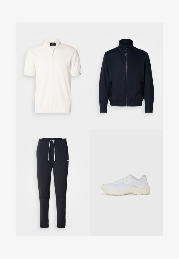 Tamno plava jakna s visokim ovratnikom, prednjim patentnim zatvaračem, bočnim džepovima i rebrastim manžetama. Glatka tekstura s suptilnim logotipom na prsima.; Polo majica kratkih rukava u boji slonovače, izrađena od pamuka, s klasičnim ovratnikom i kopčanjem na tri dugmeta, s glatkom, mekanom teksturom.; Crni uski jogger hlače s bijelim vezicom, elastičnim pojasom s bijelim prugama i malim bijelim logotipom na gornjem bedrima.; Bijele atletske tenisice napravljene od mrežastog materijala i kože antilop, s teksturiranom srednjom potplatom, teksturiranim detaljima i "HUGO" logotipom sa strane.