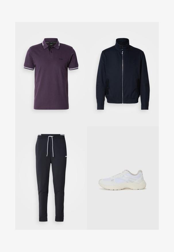 Tengerészkék dzseki magas gallérral, elülső cipzárral, oldalsó zsebekkel és bordázott mandzsettákkal. Sima felület, amelyen diszkrét logórészlet található a mellrészen.; Sötétlila, rövid ujjú poloing fehér duplacsíkkal a galléron és az ujjakon, két gombos nyílás, és kis "BOSS" logó a mellkason.; Fekete, slim-fit rakott nadrág fehér zsinórral, elasztikus derékpánttal, fehér csíkokkal, és kisebb fehér logóval a comb felső részén.; Fehér sportcipők, amelyek hálós és velúr anyagból készültek, texturált középtalppal, texturált részletekkel és a "HUGO" logóval az oldalon.