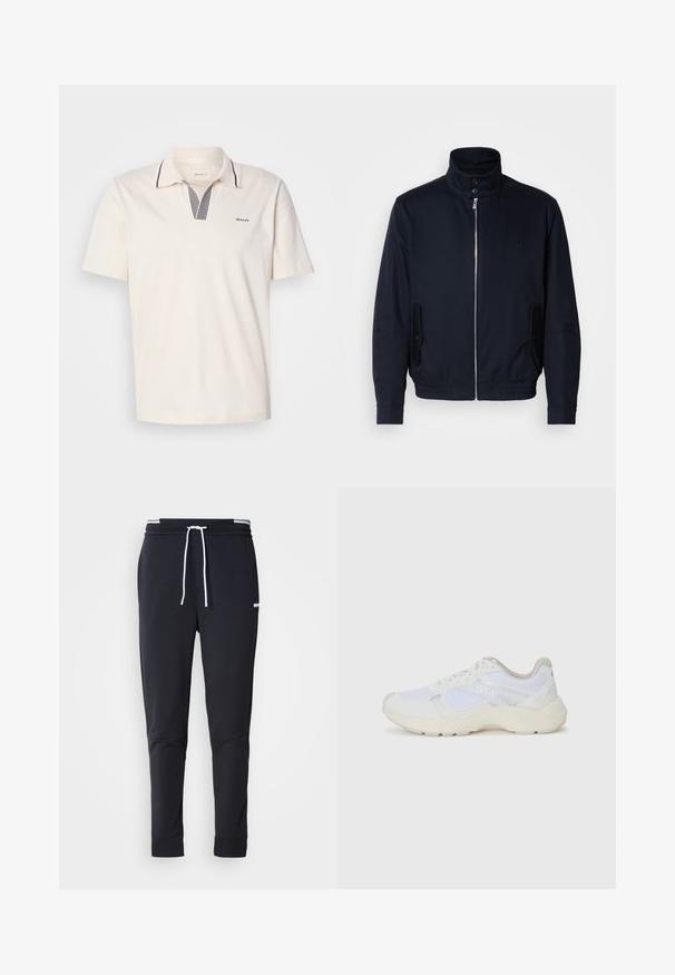 Chaqueta azul marino con un alto cuello, cierre frontal, bolsillos laterales y puños acanalados. Textura suave con un sutil detalle de logo en el pecho.; Camisa polo crema con diseño de cuello en V que presenta acentos a rayas en navy y blanco, mangas cortas y un pequeño logo en el lado izquierdo del pecho.; Pantalones jogger ajustados negros con cordón blanco, cinturilla elástica con rayas blancas y pequeño logotipo blanco en el muslo superior.; Zapatillas deportivas blancas hechas de malla y ante, con una entresuela texturizada, acentos texturizados y el logo "HUGO" en el lateral.