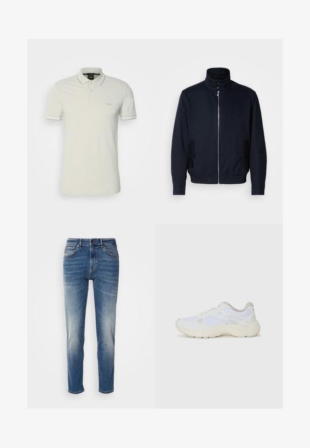 Casaco azul marinho com colarinho alto, fecho éclair frontal, bolsos laterais e punhos canelados. Textura suave com um detalhe logo discreto no peito.; BOSS PAUL - Polo - light beige; Jeans de ganga azul com um design de perna reta, desbotamento ligeiro, estilo clássico de cinco bolsos e fecho de zip com botão.; Ténis brancos desportivos feitos de malha e camurça, com uma entressola texturizada, elementos texturizados e o logótipo "HUGO" na lateral.