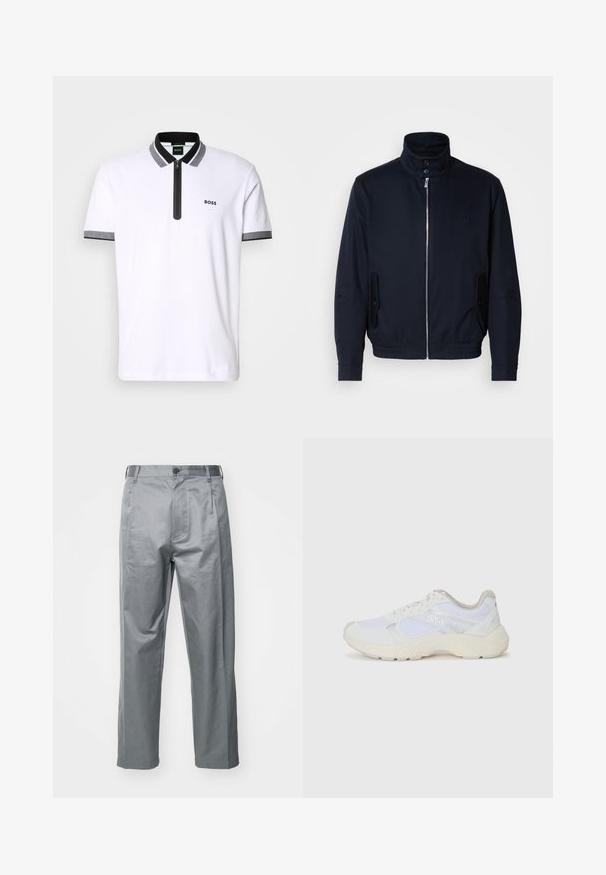 Tengerészkék dzseki magas gallérral, elülső cipzárral, oldalsó zsebekkel és bordázott mandzsettákkal. Sima felület, amelyen diszkrét logórészlet található a mellrészen.; Fehér póló fekete és szürke gallérral és ujjak trimmjével, cipzáras nyakkal, valamint hímzett "BOSS" logóval a bal mellrészen.; Szürke pamut keverék nadrág, egyenes szabással, elülső gombos záródással, övrésekkel és oldalsó zsebekkel.; Fehér sportcipők, amelyek hálós és velúr anyagból készültek, texturált középtalppal, texturált részletekkel és a "HUGO" logóval az oldalon.