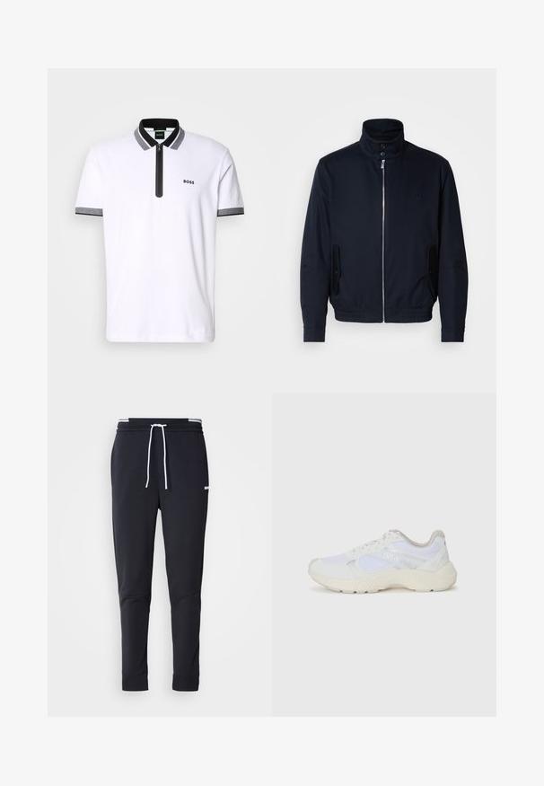 Marinblå jacka med hög krage, frontdragkedja, sidofickor och ribbade ärmar. Slät textur med en diskret logodetalj på bröstet.; Vit pikétröja med svart och grå krage och ärmkanter, dragkedja fram och broderad "BOSS"-logotyp på vänster bröst.; Svarta slim-fit joggerbyxor med vit dragsko, elastisk midja med vita ränder och en liten vit logotyp på övre låret.; Vitaidrottsskor i mesh och mocka med en strukturerad mellansula, texturerade accenter och "HUGO"-logotypen på sidan.