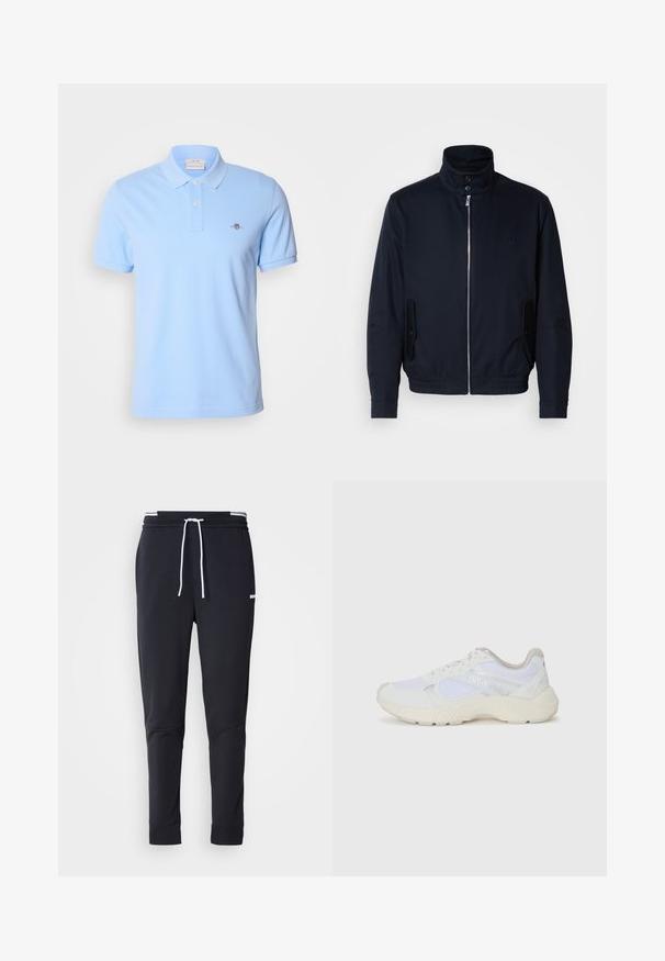 Tengerészkék dzseki magas gallérral, elülső cipzárral, oldalsó zsebekkel és bordázott mandzsettákkal. Sima felület, amelyen diszkrét logórészlet található a mellrészen.; Világoskék rövid ujjú polo póló, pamutból készült, két gombos kivágással és egy kis hímzett logóval a bal mellrészen.; Fekete, slim-fit rakott nadrág fehér zsinórral, elasztikus derékpánttal, fehér csíkokkal, és kisebb fehér logóval a comb felső részén.; Fehér sportcipők, amelyek hálós és velúr anyagból készültek, texturált középtalppal, texturált részletekkel és a "HUGO" logóval az oldalon.