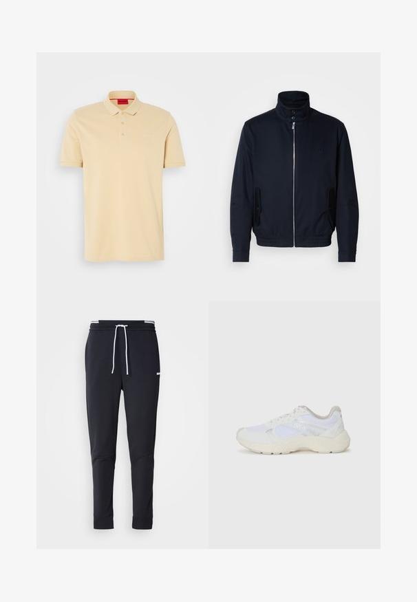 Námořnická modrá bunda s vysokým límcem, předním zipem, bočními kapsami a žebrovanými manžetami. Hladká textura s jemným logem na hrudi.; Beige poloko vyrobené z bavlny s límcom, dvojitým zapínaním na gombíky a vyšívaným logom "HUGO" na hrudi. Hladká textúra.; Čierne slim-fit jogger nohavice s bielym šnurovaním, elastickým pásom s bielymi pruhmi a malým bielym logom na hornej stehne.; Biele atletické topánky vyrobené z materiálov sieťoviny a semišu, s textúrovanou strednou podošvou, textúrovanými akcentmi a logom "HUGO" na boku.