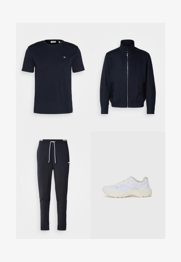 Navy blue jacket with a high collar, front zipper, side pockets, and ribbed cuffs. Smooth texture with a subtle logo detail on the chest.; Navy blue cotton T-shirt with a crew neck, short sleeves, and a small logo embroidered on the left chest. Soft texture, standard fit.; Black slim-fit jogger pants with white drawstring, elastic waistband with white stripes, and small white logo on the upper thigh.; White athletic shoes made of mesh and suede, featuring a textured midsole, textured accents, and "HUGO" logo on the side.