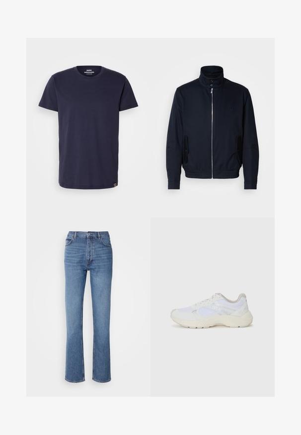 Jachetă bleumarin cu guler înalt, fermoar frontal, buzunare laterale și mansete cu nervuri. Textură netedă cu un detaliu subtil al logo-ului pe piept.; Tricou din bumbac de culoare albastru marin, cu guler rotund și mâneci scurte. Dispune de o fâșie cu un mic emblemă la tiv și o textură fină.; Jeans din denim albastru cu talie înaltă, design cu picior drept și decolorare subtilă. Prezintă un stil clasic cu cinci buzunare și închidere prin fermoar.; Adidași albi, din plasă și piele întoarsă, cu o talpă intermediară texturată, accente texturate și logo-ul "HUGO" pe lateral.